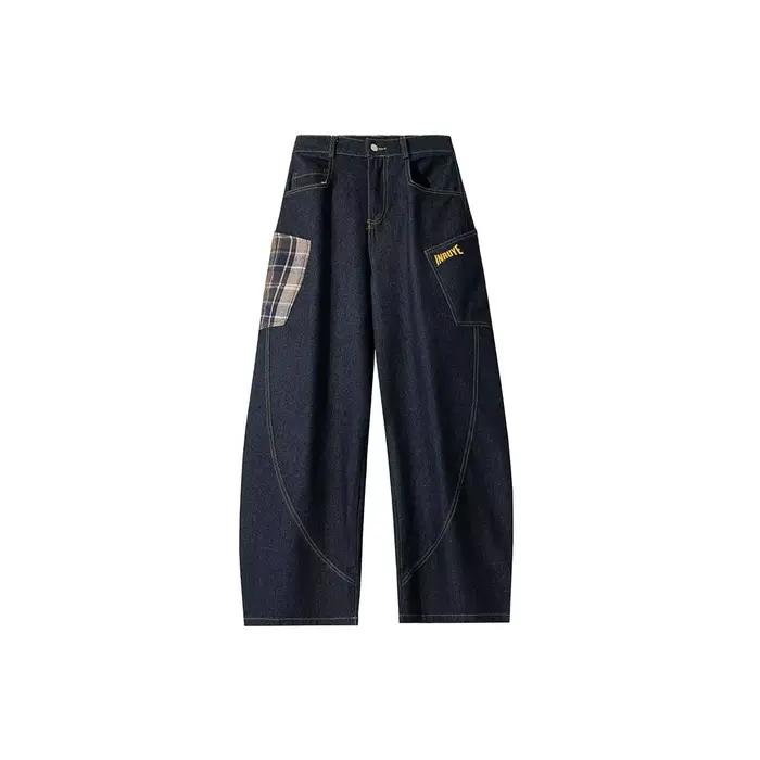 Jean en denim bleu foncé à carreaux patchwork, coupe droite ample, style américain rétro, brodé, jam