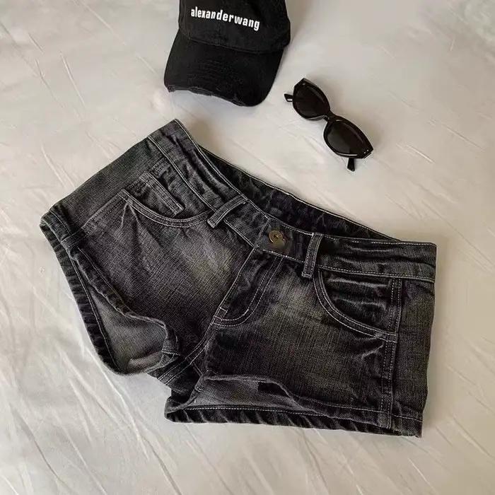 Short en jean Vintage pour femmes, noir, gris, délavé, taille basse, élastique, slim, chaud, été