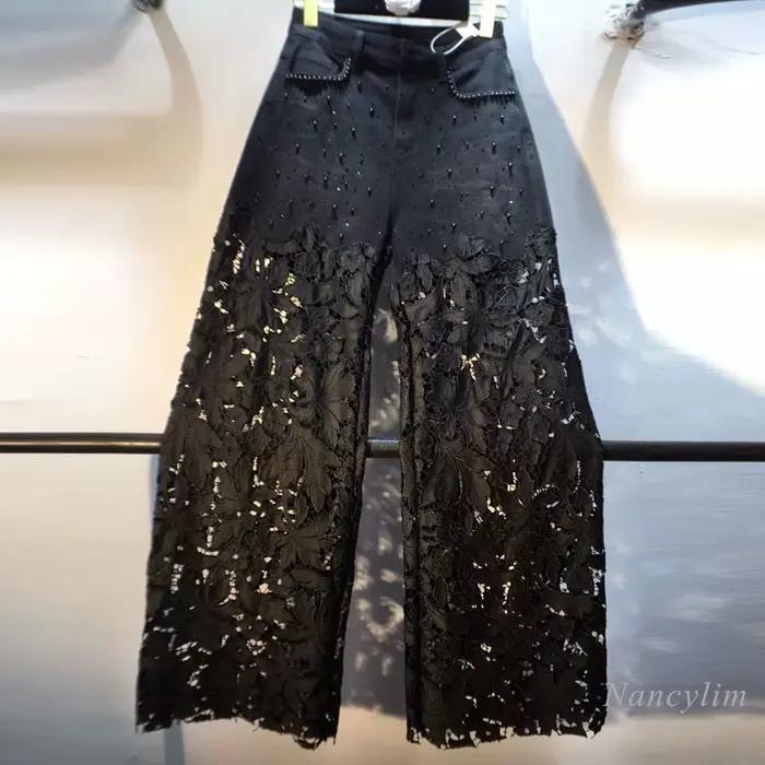 Européen 2025 dentelle creuse jean femmes été nouveau noir dentelle Denim pantalon industrie lourde 