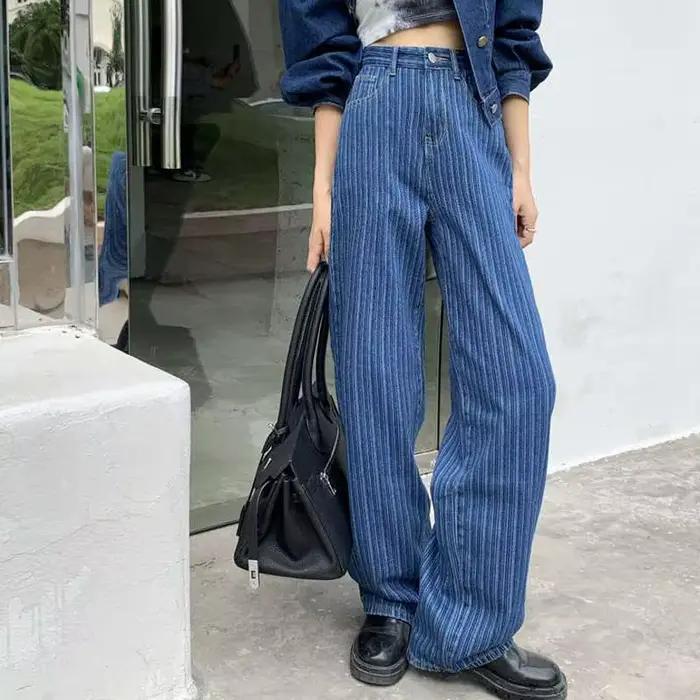 Jean Bleu à Rayures Verticales et Jambes Larges pour Femme, Pantalon Droit, Taille Haute, Design Eur