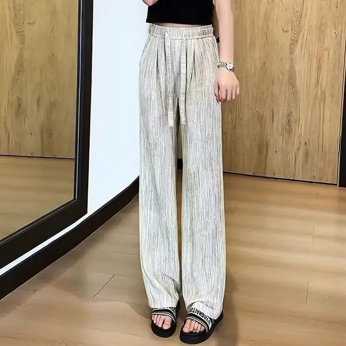 Pantalon large taille haute pour femme, été 2026, en lin et soie glacée, coupe ample et fluide, jamb