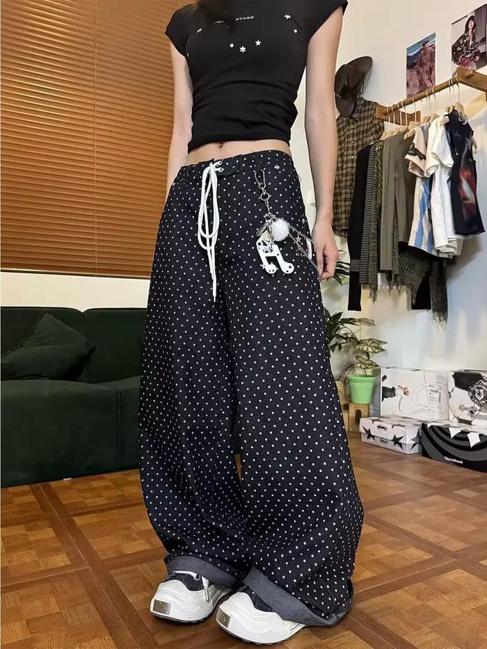 Pantalon femme noir gothique Y2k Baggy jean Harajuku Vintage à pois Denim pantalon japonais années 2