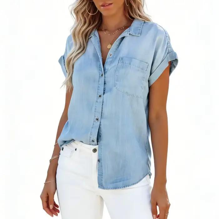Chemise en jean à manches courtes pour femme, cardigan ample bleu à revers, haut décontracté pour fe