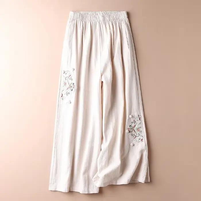 Pantalon ample à jambes larges pour femmes, Simple, décontracté, couleur unie, épissage brodé, taill