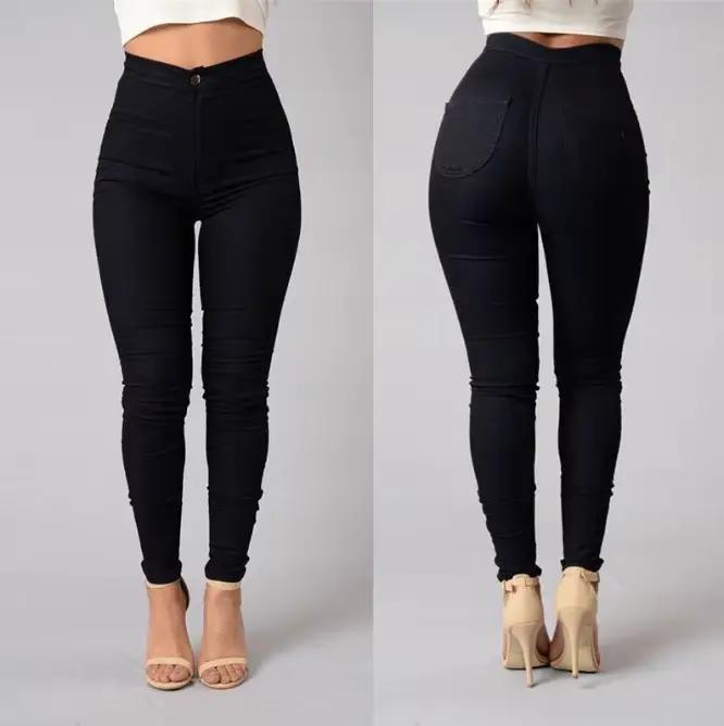 Couleur unie jean moulant Femme blanc noir taille haute rendu jean Vintage Sexy pantalons longs Femm