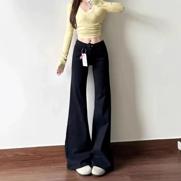 Jean évasé taille basse pour femme, style Hong Kong, polyvalent, amincissant, coupe cloche, élégant 