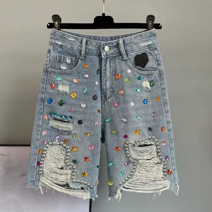 Nouveau jean déchiré taille haute ample et baggy pour femme, orné de diamants, collection 2026