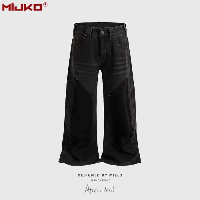 MIJKO Jeans unisexe à jambe large, design patchwork, délavé, style urbain, noir G6919