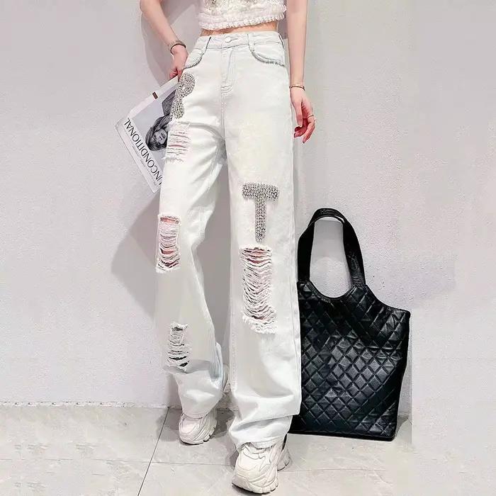 Jean déchiré avec lettres incrustées de diamants pour femmes, nouveau Style d'été, ample, Slim, tail