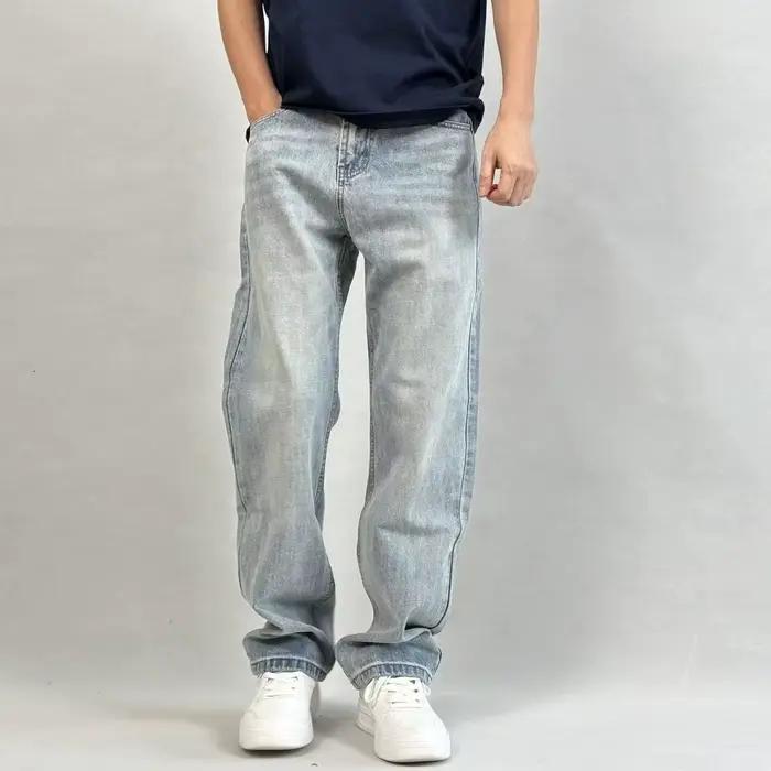Jean ample délavé rétro pour homme, coupe droite, décontracté et polyvalent, bleu clair