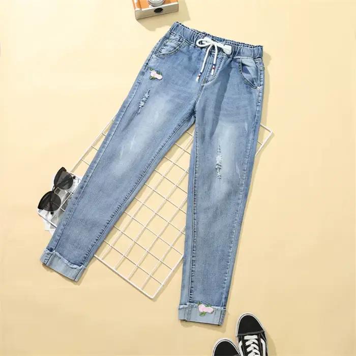 Jean en Denim pour femmes, taille élastique, broderie, longueur cheville, pantalon de bureau, Baggy,