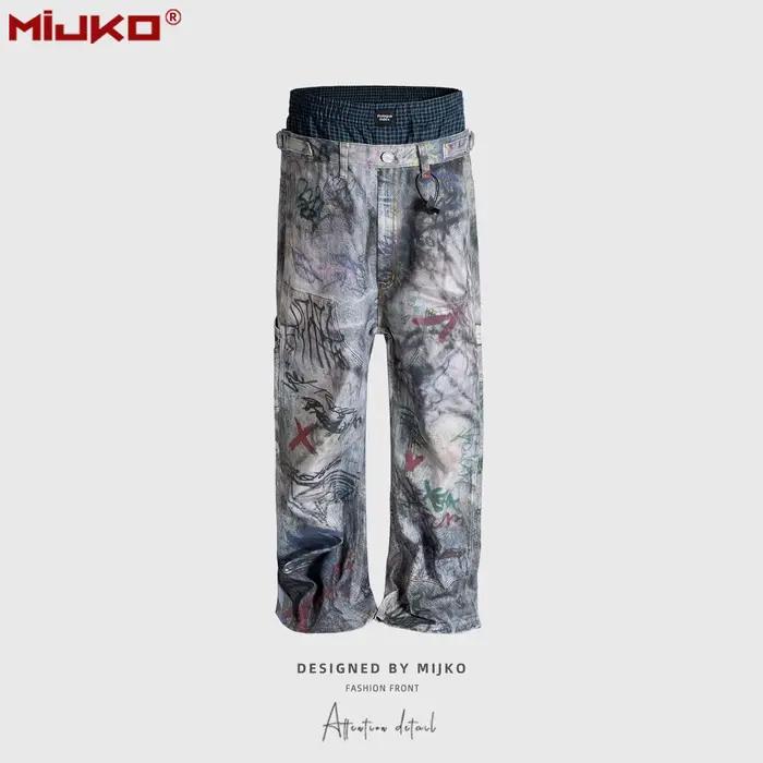MIJKO Jeans imprimés en 3D à double taille, effet deux pièces, ZJ166
