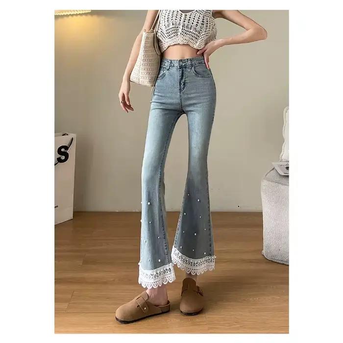 Jean bootcut délavé Hot Diamond pour femme, broderie florale, design en dentelle, pantalon slim tail