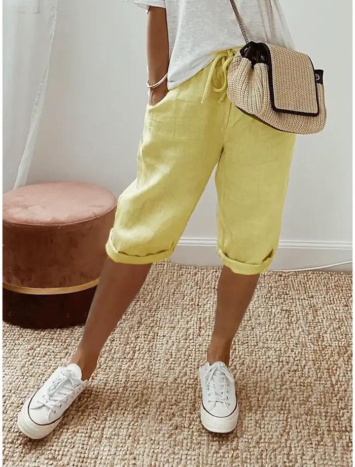 Shorts femmes été coton lin taille élastique poche élastique pantalons décontractés cinq quarts vête