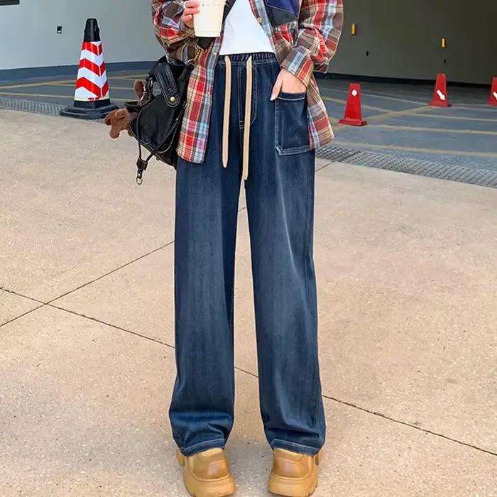 Pantalon en Denim taille haute bleu profond pour femmes, jean ample décontracté avec cordon de serra