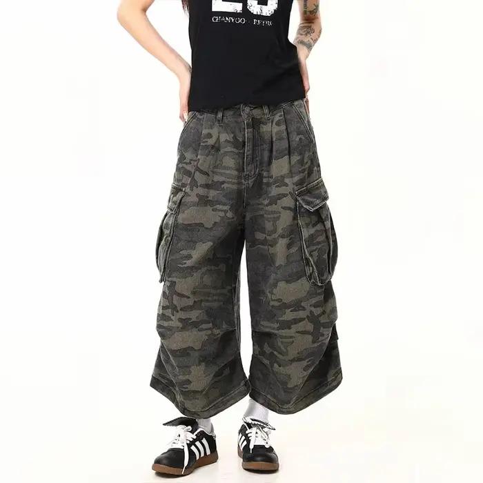 Shorts en jean décontractés pour homme, style rétro américain, délavé, avec grandes poches, camoufla
