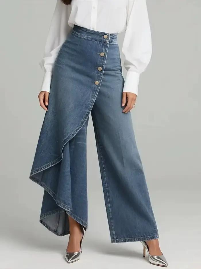 Jean large taille haute pour femme, coupe asymétrique, extensible, boutonné, style urbain printemps-