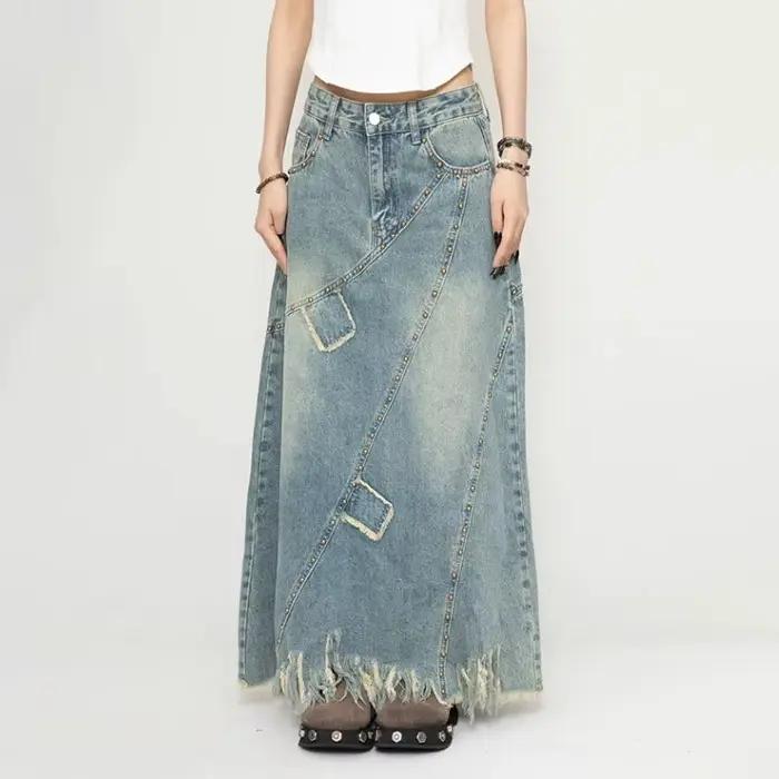 Jupe en jean rétro à bords bruts pour femmes, vêtements de Style Y2k, taille haute, ligne a, mi-long