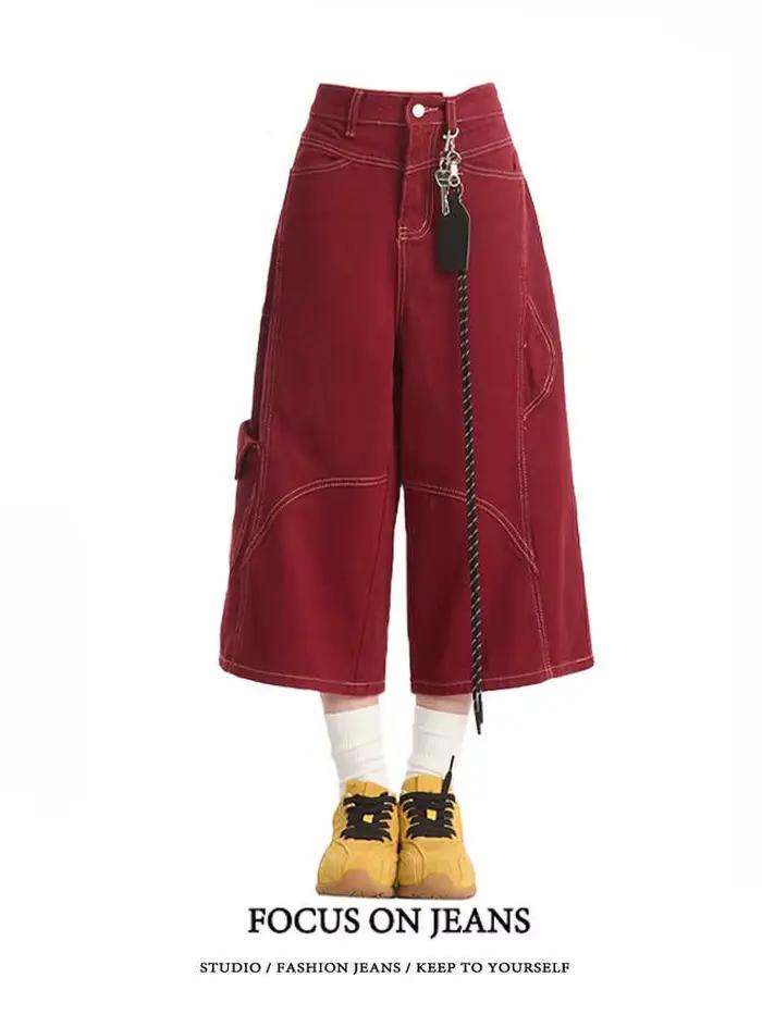 Été rouge lavé ample multi-poches Denim pantacourt femmes haute rue Y2K Vintage Baggy Jean surdimens