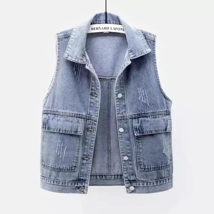 Gilet en jean pour femmes, simple, avec grandes poches, sans manches, polyvalent, coupe ample, cardi
