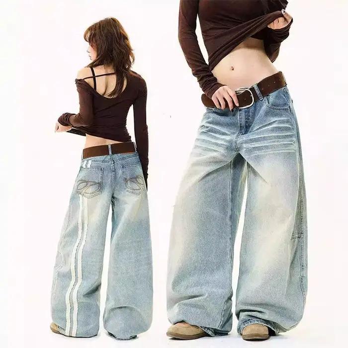 Jeans rétro américains à rayures, patchwork, coupe ample et large, style streetwear pour hommes et f
