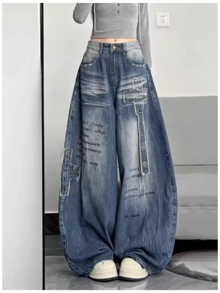 Jean baggy Y2K Harajuku pour femme, coupe large, style streetwear, en denim délavé vintage avec moti