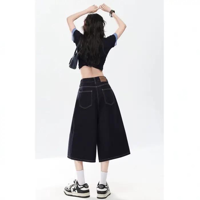 Jean en denim rétro américain taille haute coupe droite drapé pour femme, été, petite taille, ample,