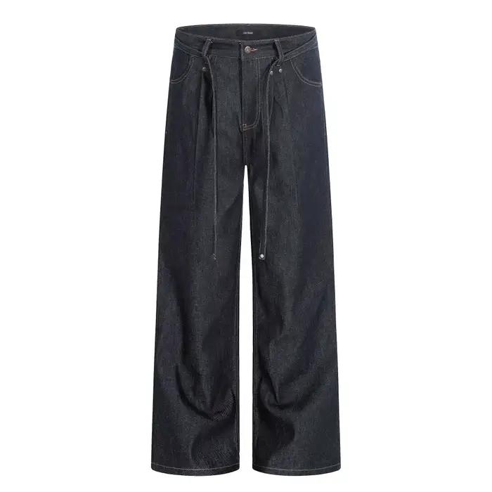 Jeans rétro brut pour homme avec ceinture, surpiqûres, décontracté, droit, ample, jambes larges, pli