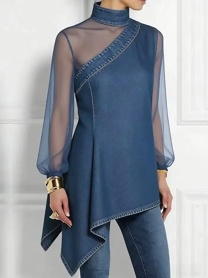 Chemisier asymétrique en jean pour femme avec manches longues en maille transparente, col montant et