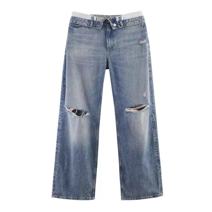 Jean long décontracté pour femme, style chic, déchiré, en denim, taille mi-haute, avec ourlet à reve