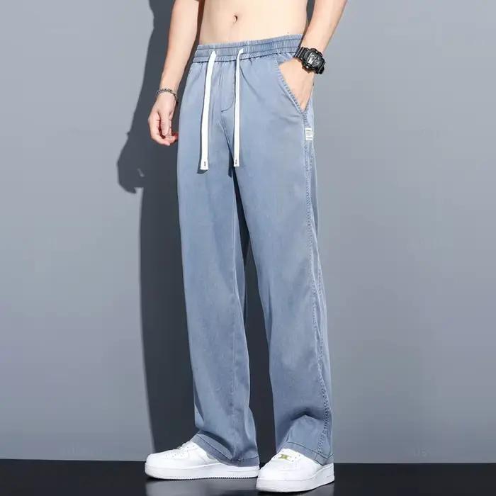 Été doux Lyocell tissu hommes jean mince ample pantalon droit cordon taille élastique corée pantalon