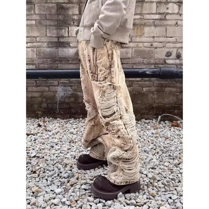 Jean en denim marron clair déchiré et plissé, coupe droite ample, style américain urbain, unisexe, p