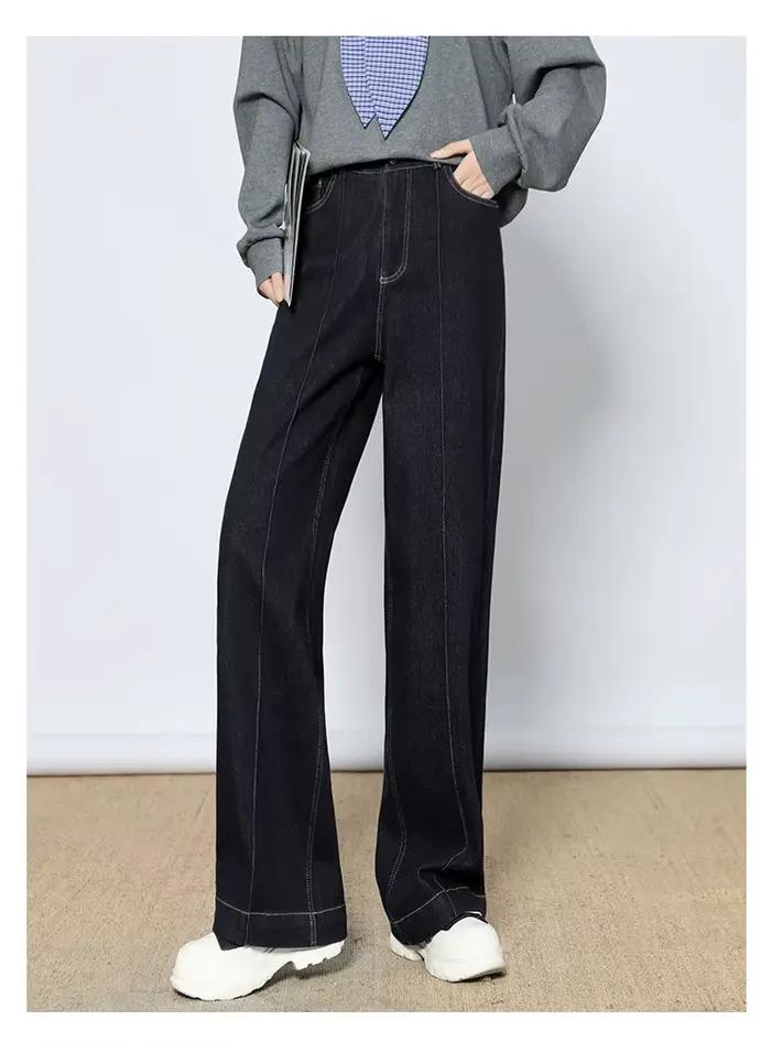 LOUIS YAO 2025 hiver épaissi taille haute jambe droite jean Long Micro élastique contraste bouton fe