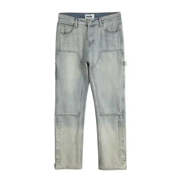 Jean Carpenter Homme Délavé et Vieilli, Coupe Droite, Double Genou, Style Urbain, Boutons Latéraux