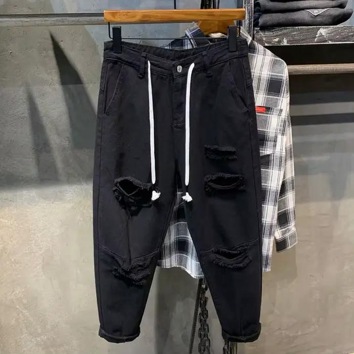 Jean en Denim Noir avec de Grands Trous aux Genoux pour Homme, Sarouel Conique, Décontracté, pour Pe