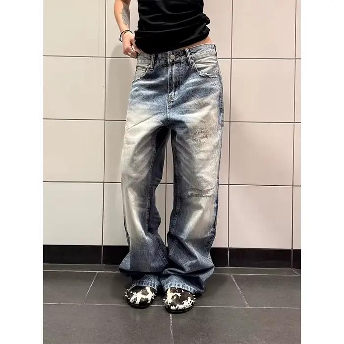 Jean vintage bleu Y2K pour femme, style Harajuku, taille basse, denim japonais des années 2000, pant
