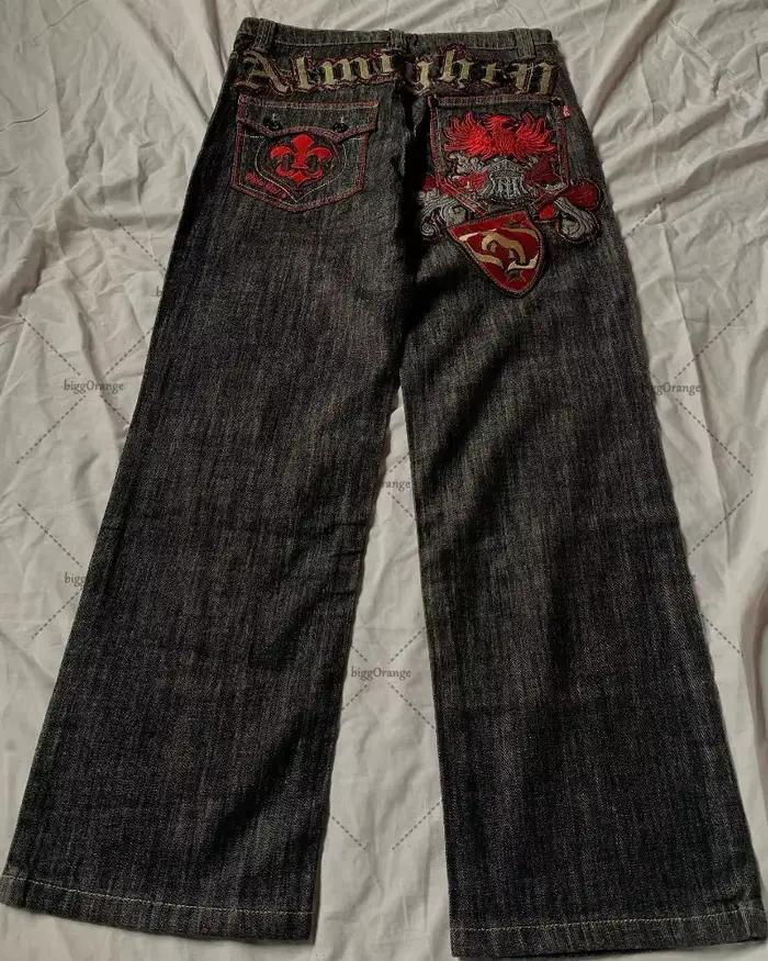 Jean à motif brodé de fleurs Y2K pour hommes et femmes, ample, avec fermeture éclair, pantalon à jam