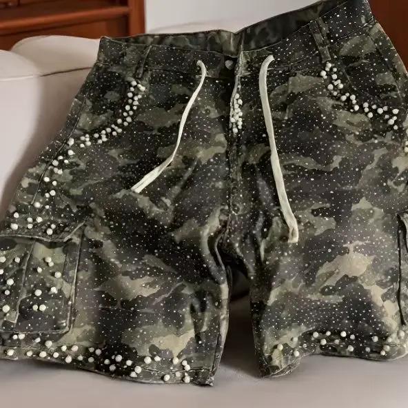 Shorts en jean camouflage perlé, style rétro américain, coupe droite ample, entièrement orné de stra