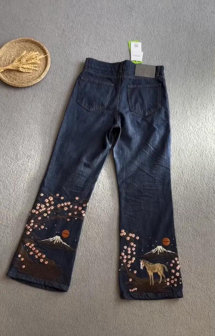 Jeans pour hommes, motif fleurs de cerisier du Mont Fuji brodé, coupe droite, style baggy, rétro, dé