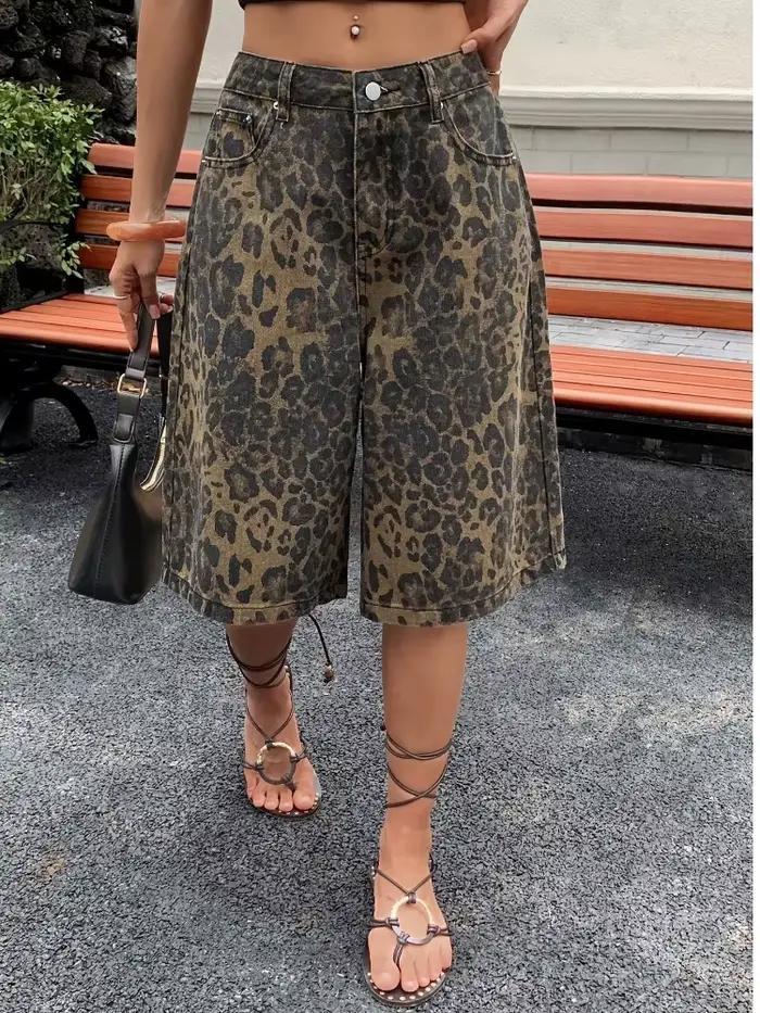 Shorts Bermuda en jean imprimé léopard vintage pour femme, taille haute, coupe ample, jambe large, s