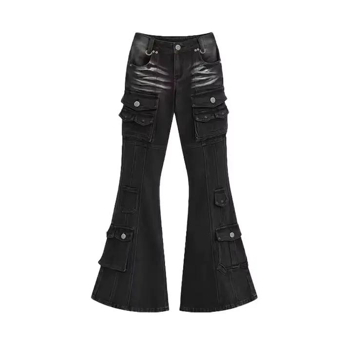 REDDACHiC – jean cargo noir taille basse pour femme, style années 2000, effet usé, multi-poches, cou