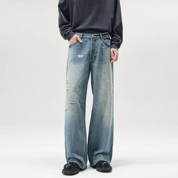 Jean rétro pour hommes, délavé à l'encre, décontracté, jambes larges, à la mode, jambe droite, décon
