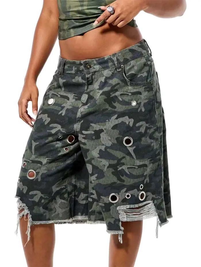 Jean en denim camouflage tendance pour femme, coupe large, longueur cinq-quarts, taille moyenne, épa