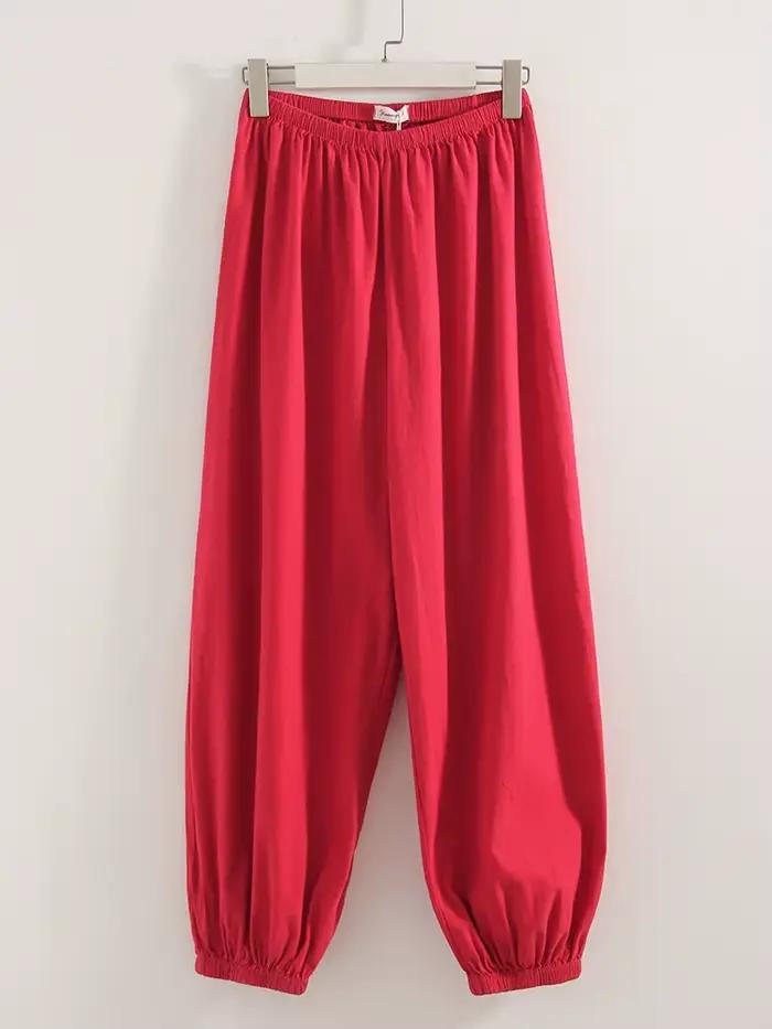 Pantalon Streamgirl rouge ample en coton pour femme, taille haute élastique, jambe large, idéal pour