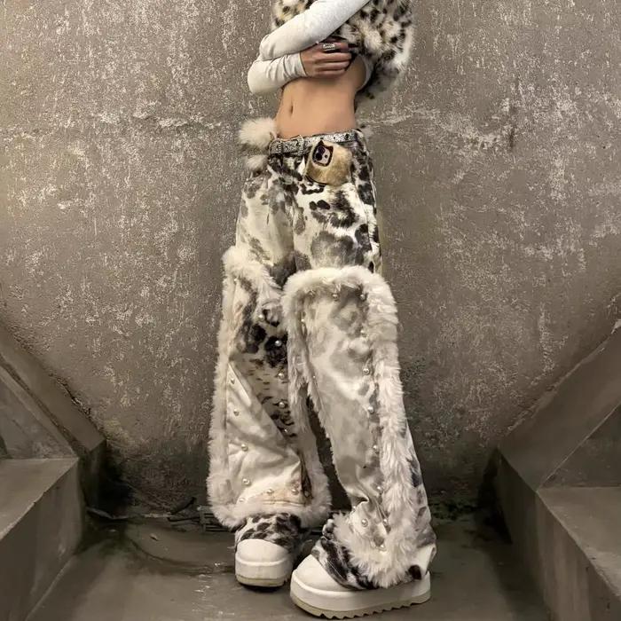 Harajuku Y2k jean Patchwork imprimé léopard Pantalon à jambes larges pour femmes Pantalon Femme Stre
