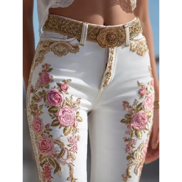 Jeans à imprimé floral de style européen américain pour femmes, pantalon en denim décontracté à jamb