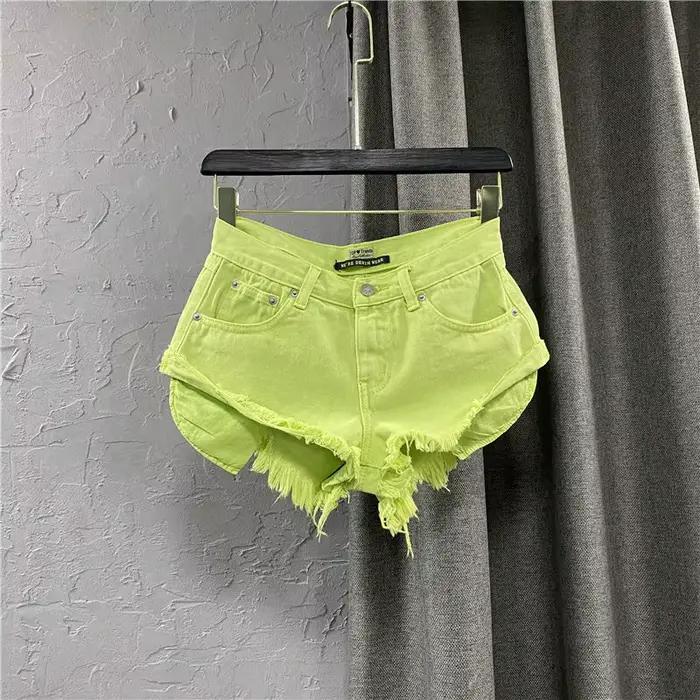 Short en jean taille basse pour femme, short en jean en forme de A, jambe large, personnalité, vert 