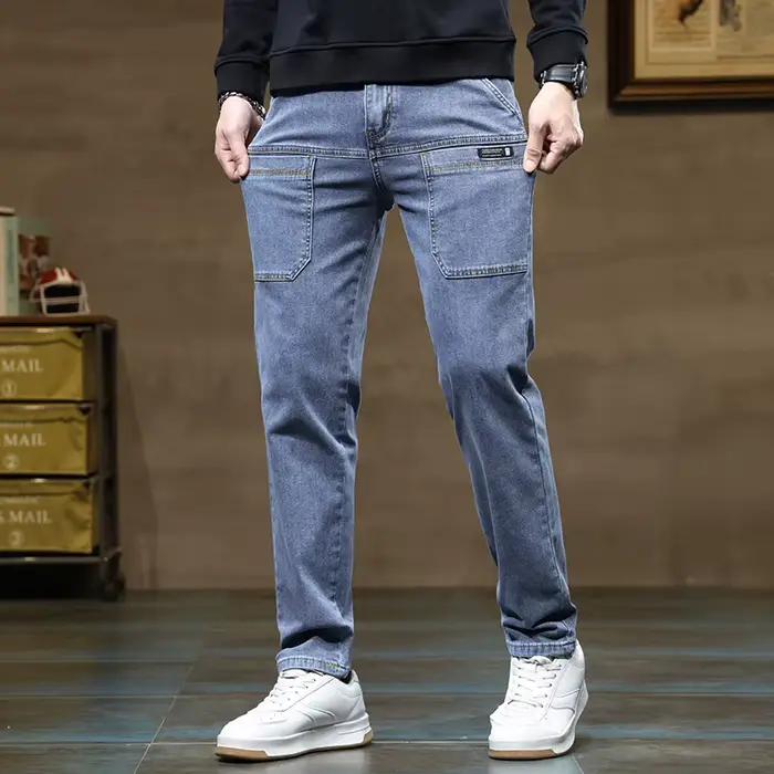 Jean polyvalent au design à six poches pour homme, pantalon ample à jambes droites, extensible, conf