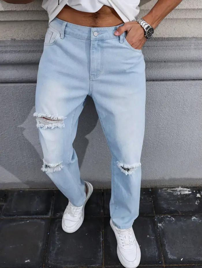 Jean déchiré bleu clair pour homme pour le printemps et l'automne. Pantalon en jean décontracté. Rue