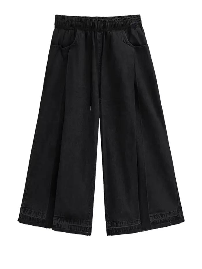 [EAM] taille haute bleu Denim plissé longue jambe large jean nouveau lâche femmes pantalon mode maré
